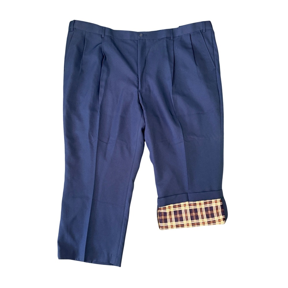 Haband Fit-Forever Mens Navy Blue Plaid Flannel Lined Pleated Pants 52S 52x27.5